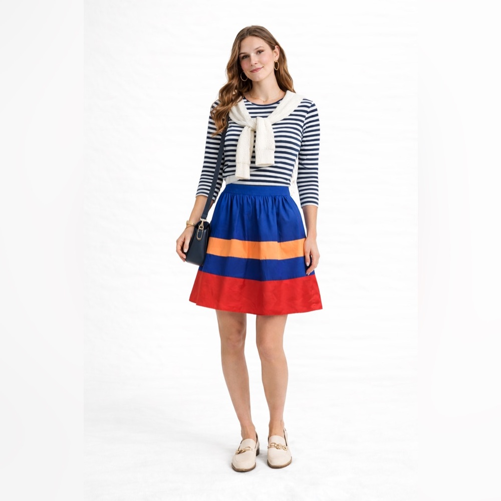 J. CREW Women 100% Silk  A-Line Mini Skirt preppy. Colorblock Blue‎ Orange  Sz 8 - Picture 2 of 11